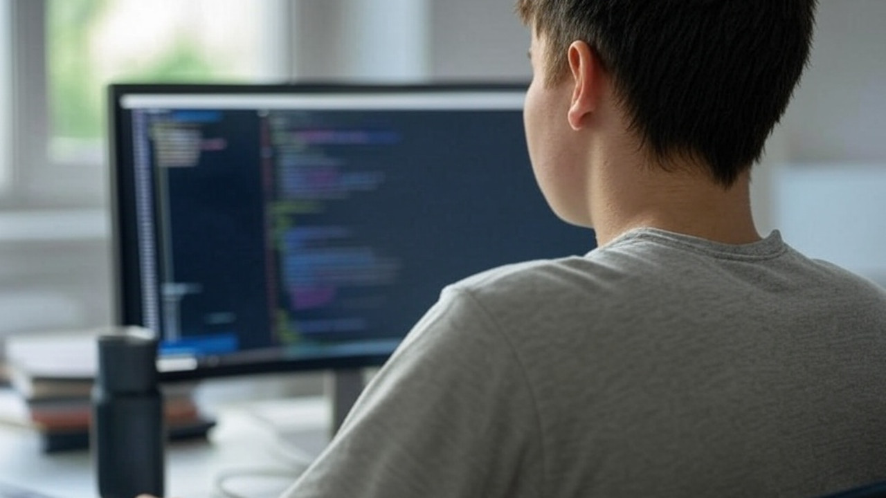 A picture showing a person working in front of a desktop computer.