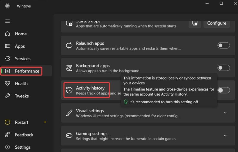 Activity History Toggle Under Performance In Wintoys