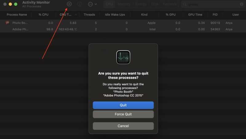 Activity Monitor Stop Processes