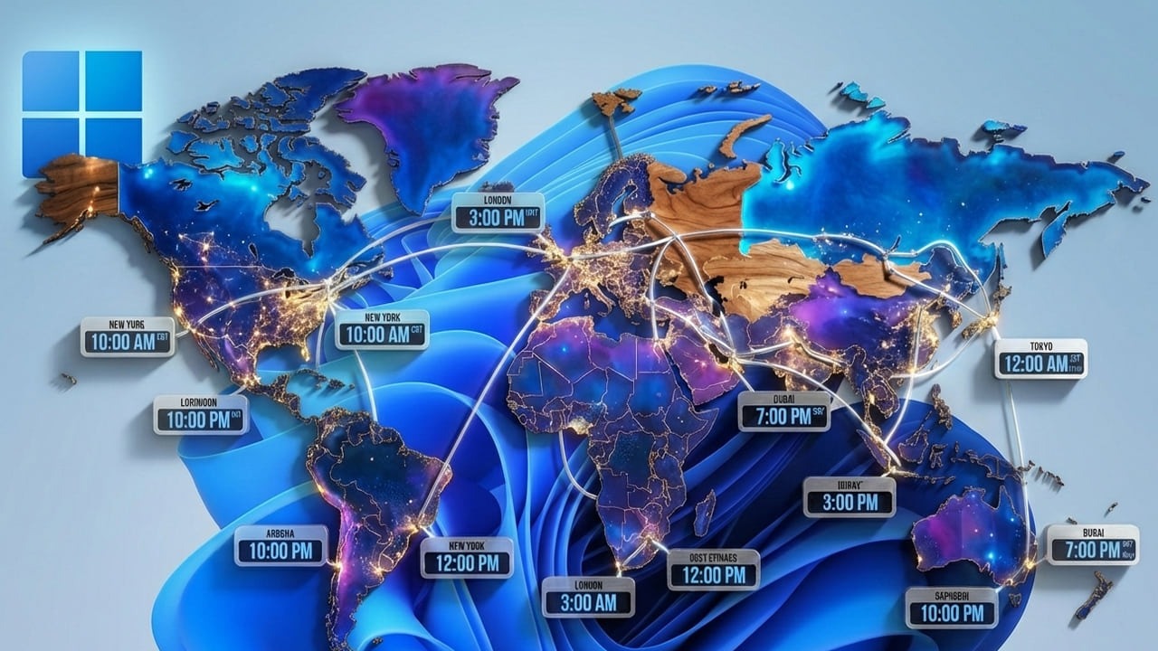 World map with Windows 11 background showing time zones