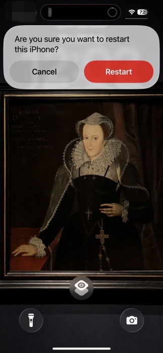 View of pop-up asking whether you'd like to restar iPhone.