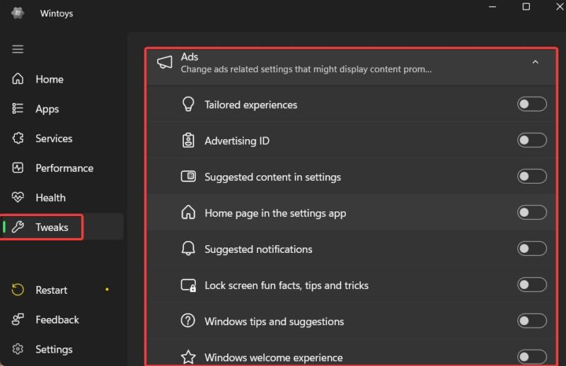 Ads Toggles Under Tweaks In Wintoys