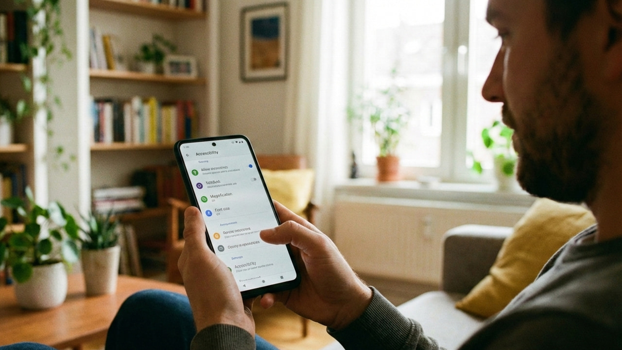 Man on couch looking into his Android phone with settings open