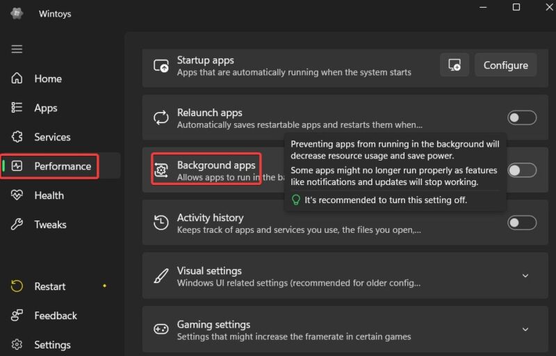 Background Apps Toggle Under Performance In Wintoys