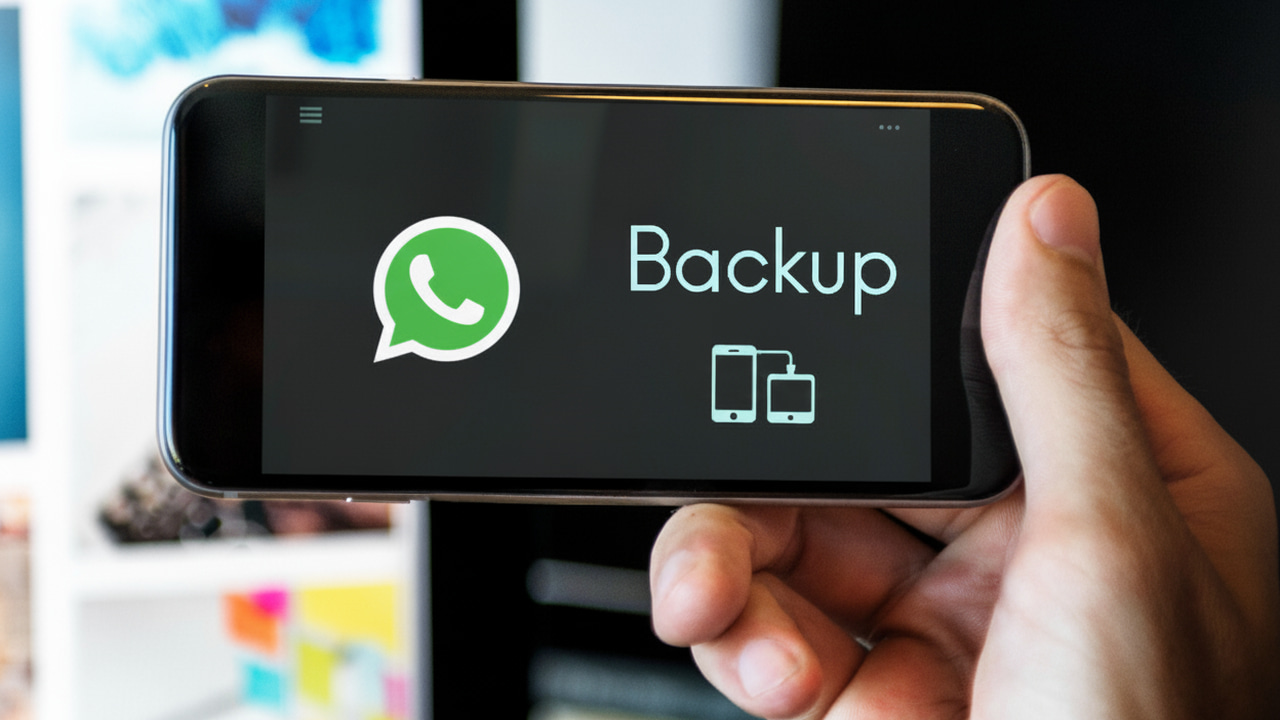 A phone with WhatsApp icon and Backup icon in the hand of man
