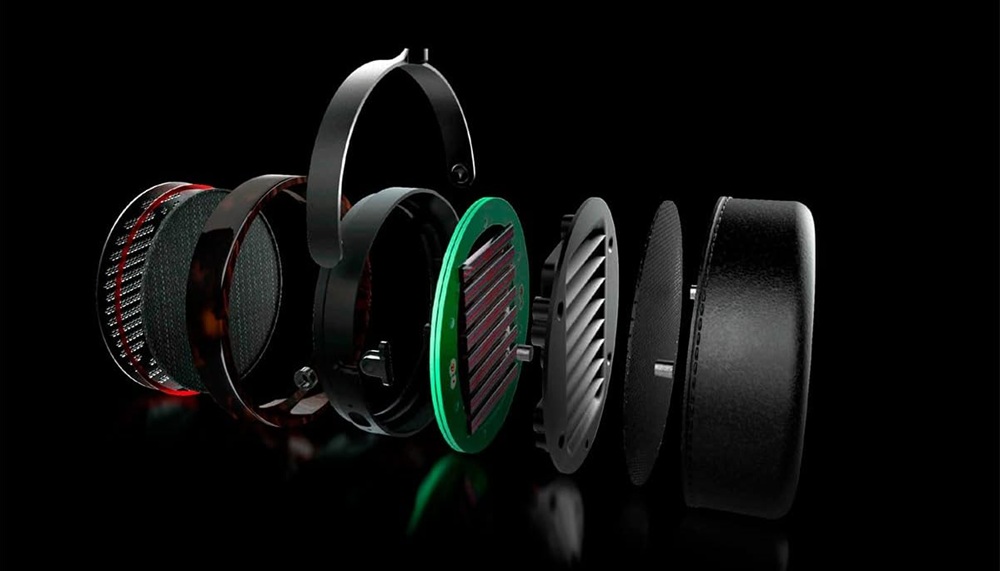 View of Audeze LCD-5 headphones with planar magnetic driver. 