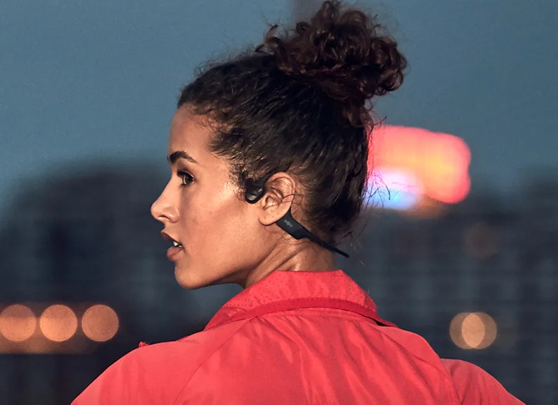 View of Shokz OpenRun headphones with bone conduction driver.
