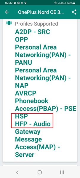 Headset Profile (HSP) and Hands-free Profile (HFP) visible on Bluetooth Devices Info app for a random connected device.