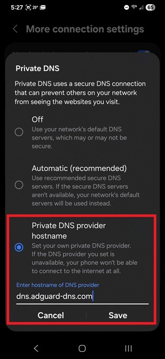 Setting private DNS provider.
