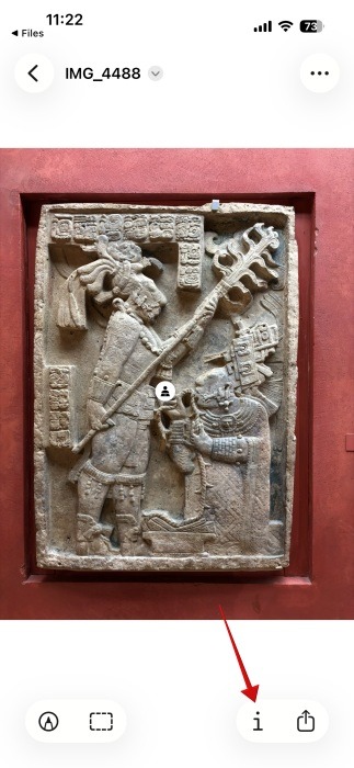 Tapping on "i" button on a photo in Preview app on iPhone. 