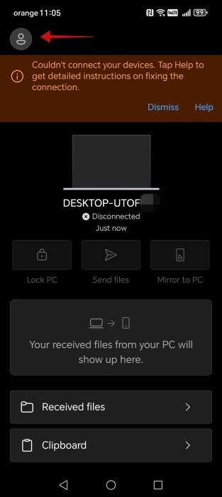 Tapping on person icon in the Link to Windows app on Android. 