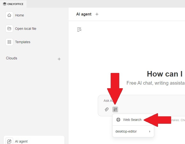 Turning on Web Search in AI Agent settings.