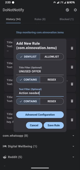 Create Rule Donotnotify