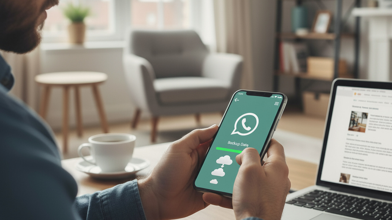 A man looking at phone at home with WhatsApp backup on screen