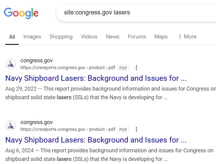 Using the "site:" operator in Google search for a website.