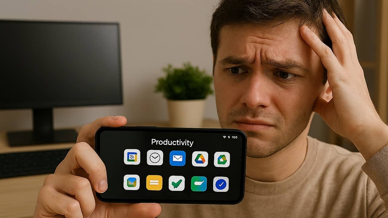 Frustrated person holding a phone with productivity apps.