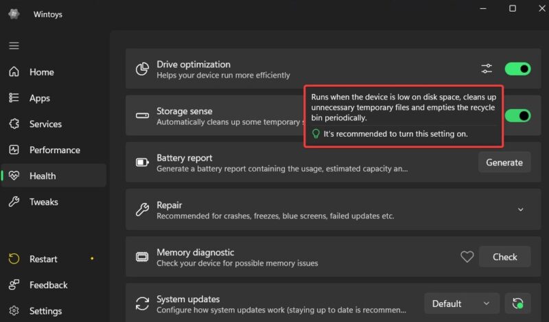 Description Of The Tweak And Recommended Action In Wintoys