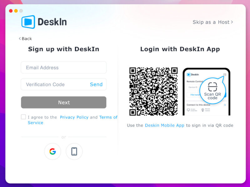 Creating New Account Using DeskIn Remote Access on a MacBook