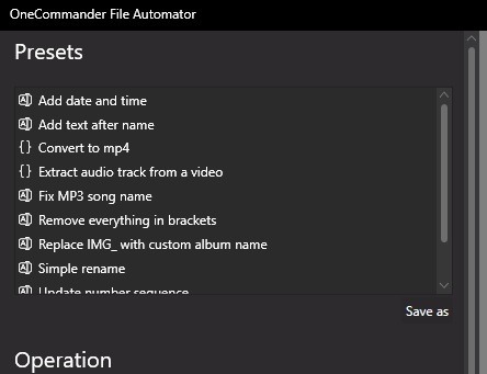 Options within OneCommander's File Automator.