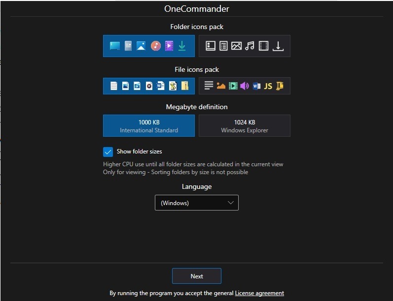 Selecting icon packs for OneCommander.