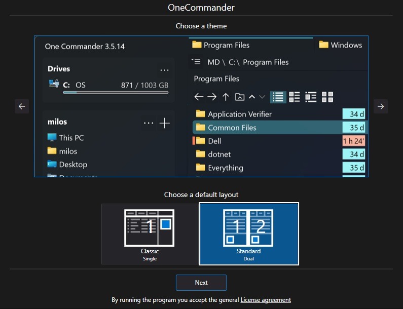 Choosing a layout for OneCommander.