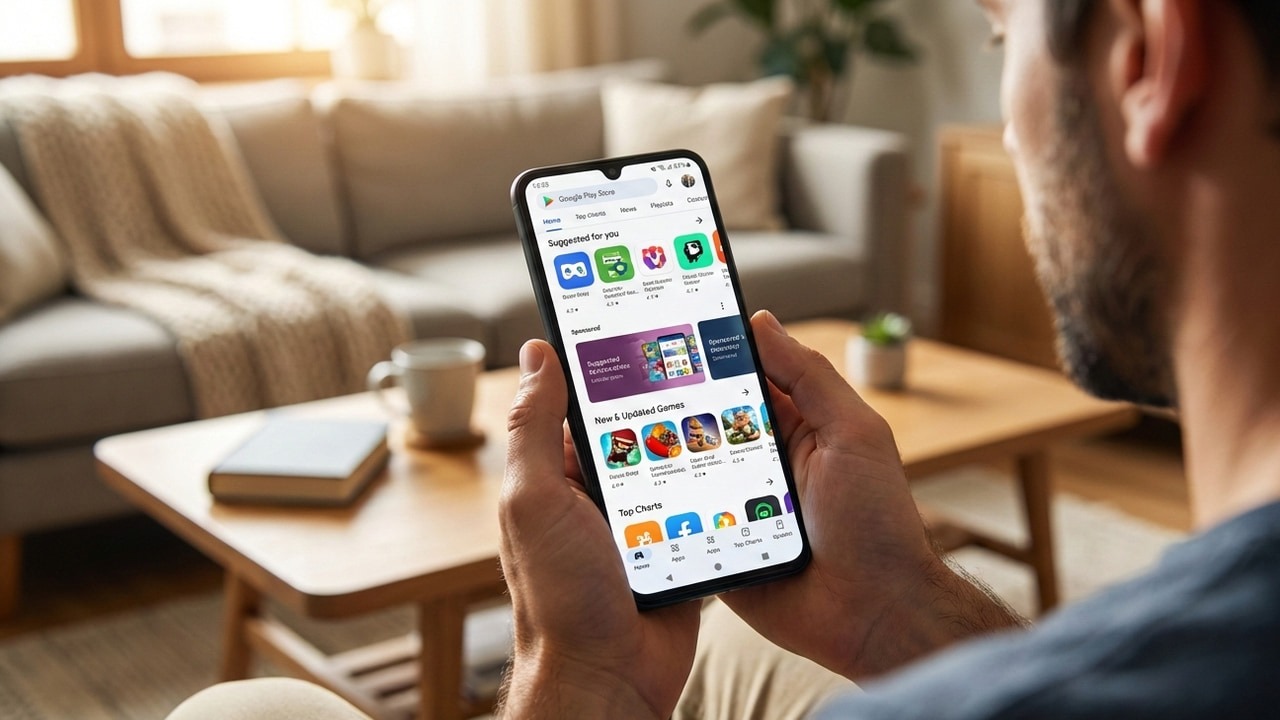 A man look at his phone with Google Play Store open on it showing random apps