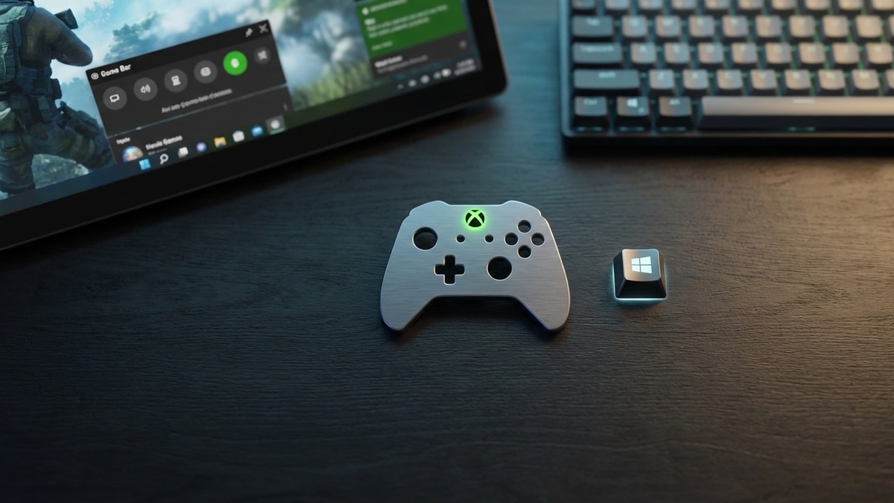 Xbox controller frame on surface with a keyboard and a screen showing game bar