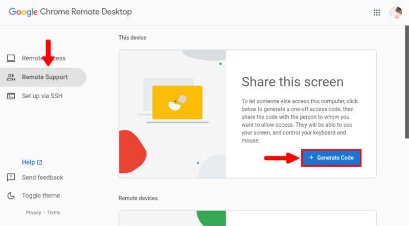 Generate Code In Chrome Remote Desktop