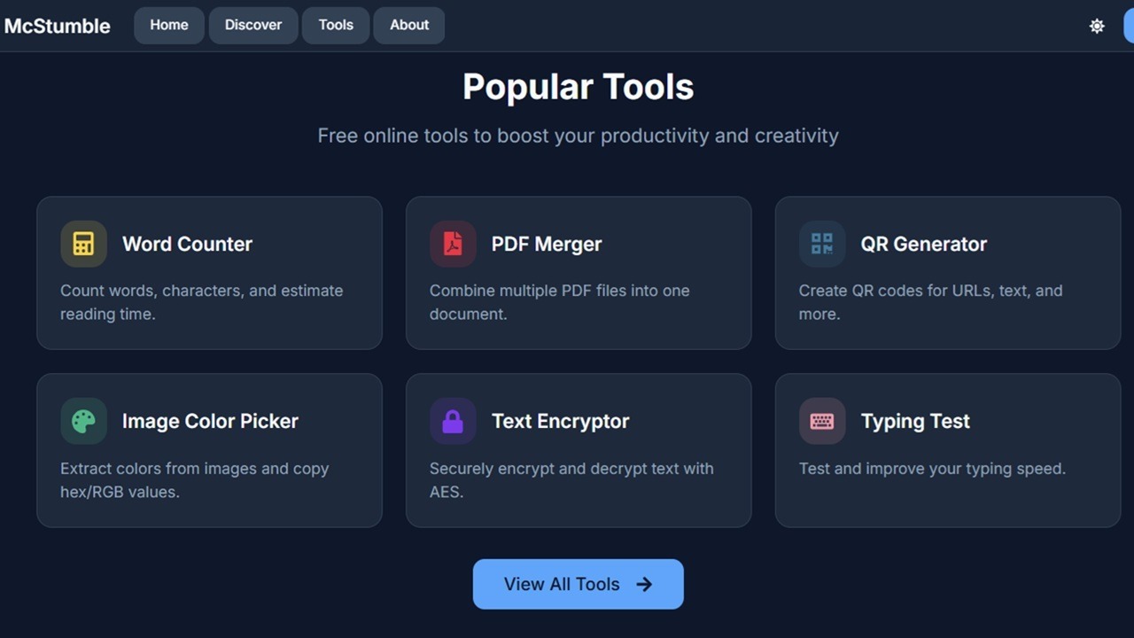 McStumble's homepage showcasing the most popular productivity tools.
