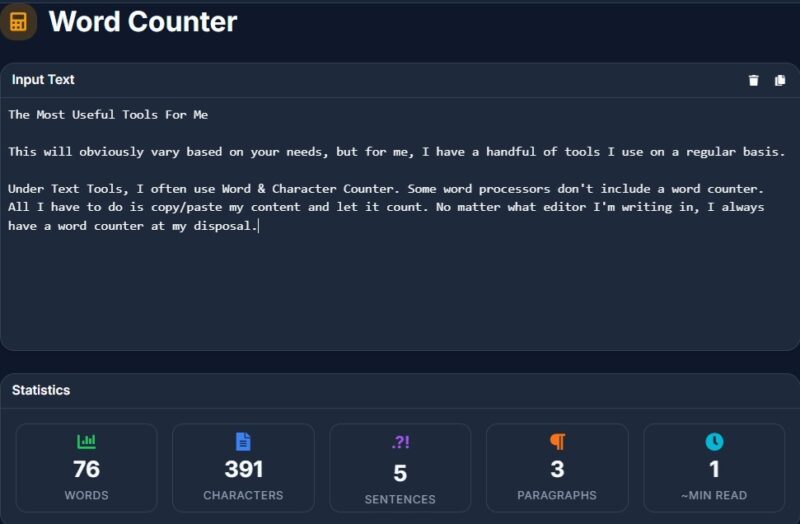Using the Word Counter tool to view word, character, and sentence counts.