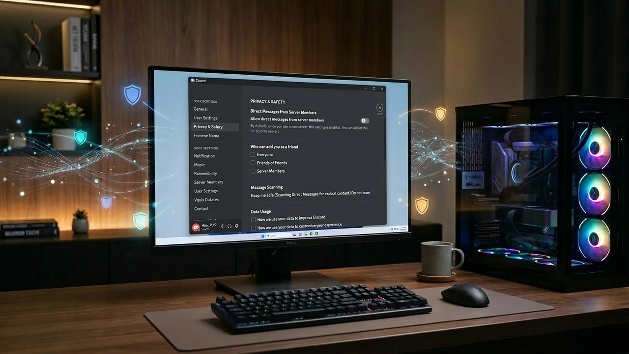 Gaming PC on a table with Discord privacy options open on the display with digital shield icons