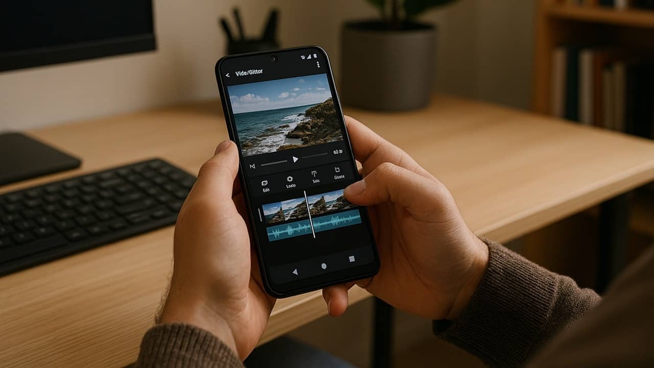 Person holding an Android phone while rotating a video in a home office.