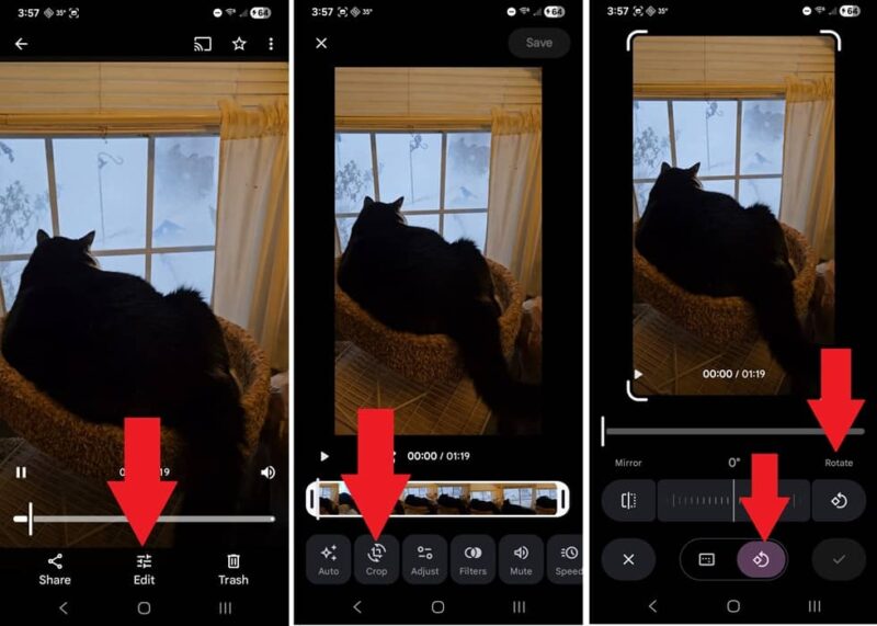Rotating an Android video in Google Photos.