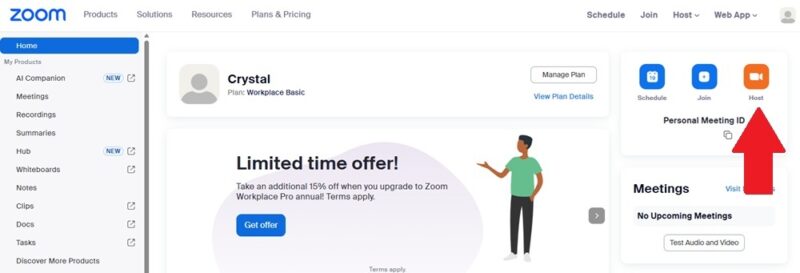 Click Host on Zoom in your browser to start a meeting.