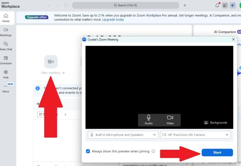 Starting a new meeting on Zoom in Windows.