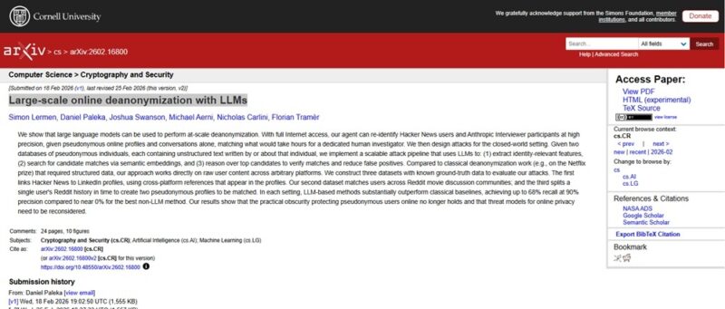 Summary of research paper on large scale online deanonymization with LLMs.