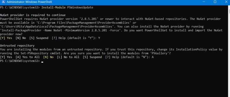 Untrusted Repository Installation warning in PowerShell window.