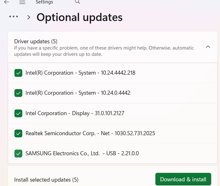 Installing optional updates in Windows 11 for Jan 2026.