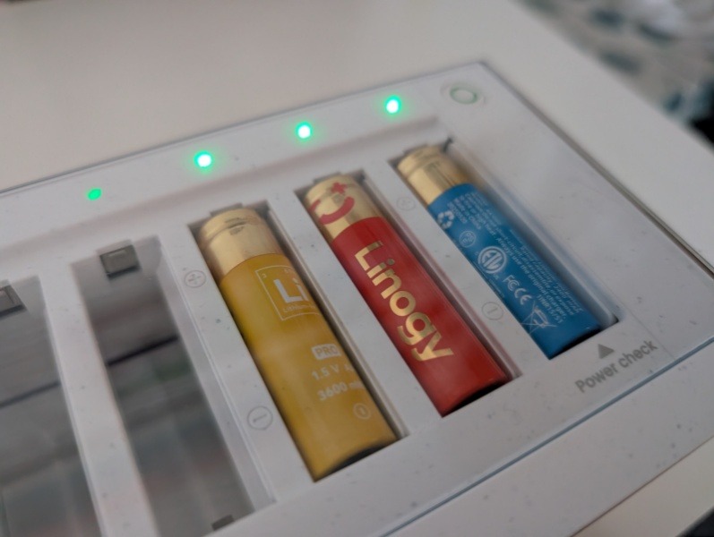 Linogy batteries actively charging. 