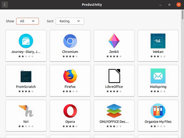 Choosing software to install in Linux from the Software Center.