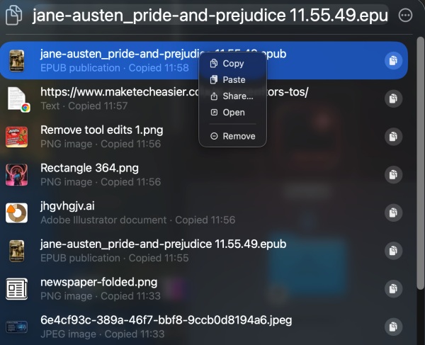 Context menu for item in Clipboard history on Mac. 