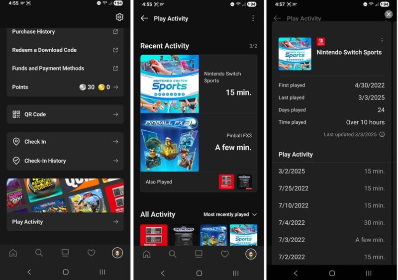 Viewing Nintendo game activity.