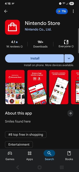 Nintendo Store app in Google Play Store.