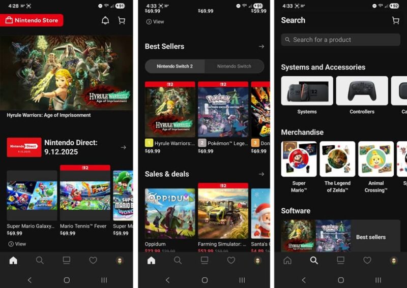 Shopping pages on Nintendo Store app.