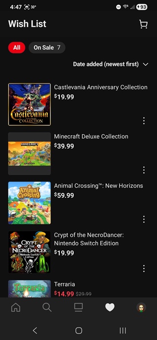 Viewing Nintendo wish list. 