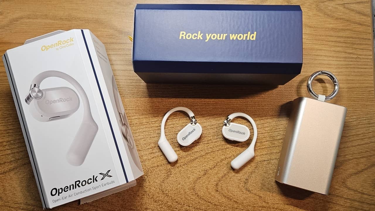 Open Rock X Open-Ear Earbuds with case and box.