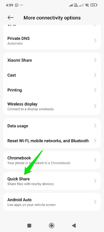 Quick Share option in Android settings