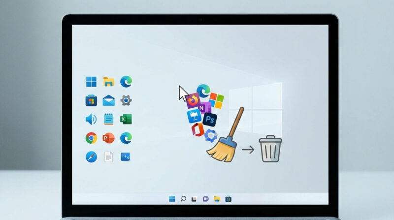A laptop display showing bloatware apps and broom cleaning them