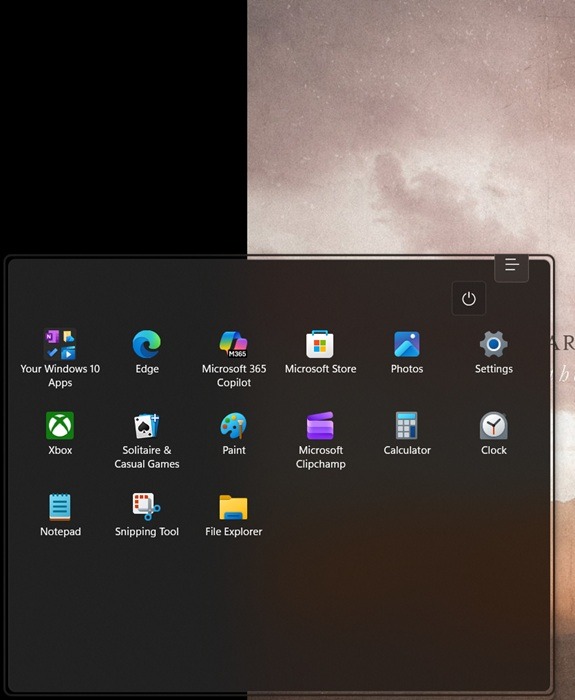 View of Start Menu with deleted Search bar in Windows.   