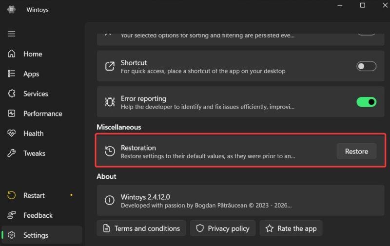 Restore Option To Revert All Changes In Wintoys Settings